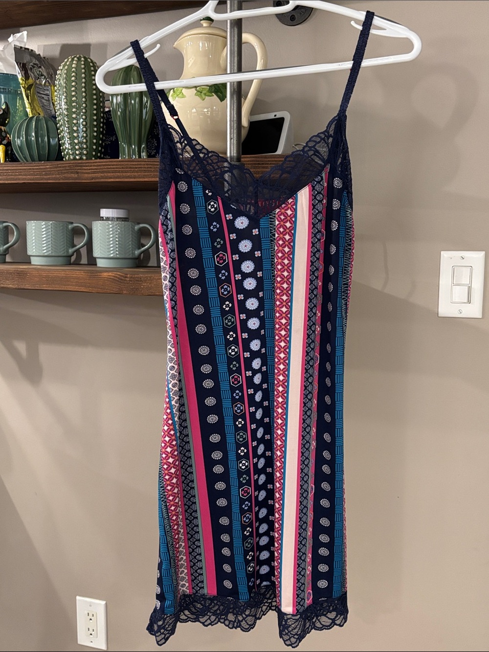 Natori Striped Lace-Trim Slip Dress in Navy, Pink and Teal